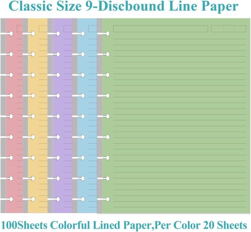 9-Disc Discbound 5 Colorful Line Paper Pre-punched Happy Planners Inserts, 100Sheets/200Pages Classic Size Line Loose-Leaf Paper, Per Color 20 Sheets, 7" x 9.25" - Image 2