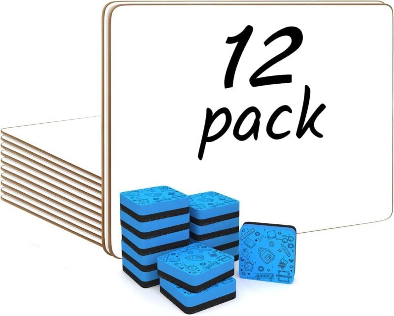 Scribbledo 12 Small White Board Dry Erase Boards Classroom Pack Mini White Boards 9"x12” Double Sided Personal Whiteboards for Students Teachers School Supplies Lapboards Mini Whiteboard Erasers Incl