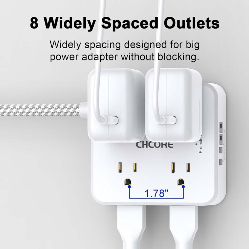 Surge Protector Power Strip - CHCORE 5Ft Braided Extension Cord with 8 Outlets with 4 USB (2 USB C) Charging Ports, Flat Plug Multi Plug Outlet Extender Charging Station for Home Office, ETL, White - Image 4