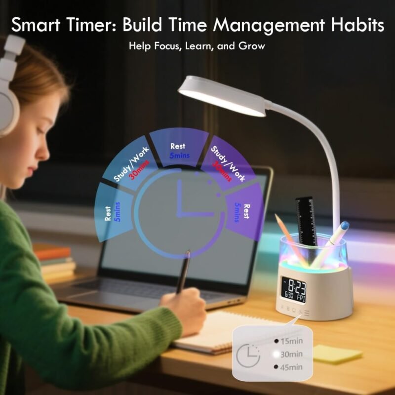 WILIT LED Desk Lamps for Home Office with Pen Holder, Table Lamp for Bedroom with USB Charging Port & Clock, RGB Night Light, Study Lamp for Kids Student, Desk Lamp for College Dorm Room Essentials - Image 3