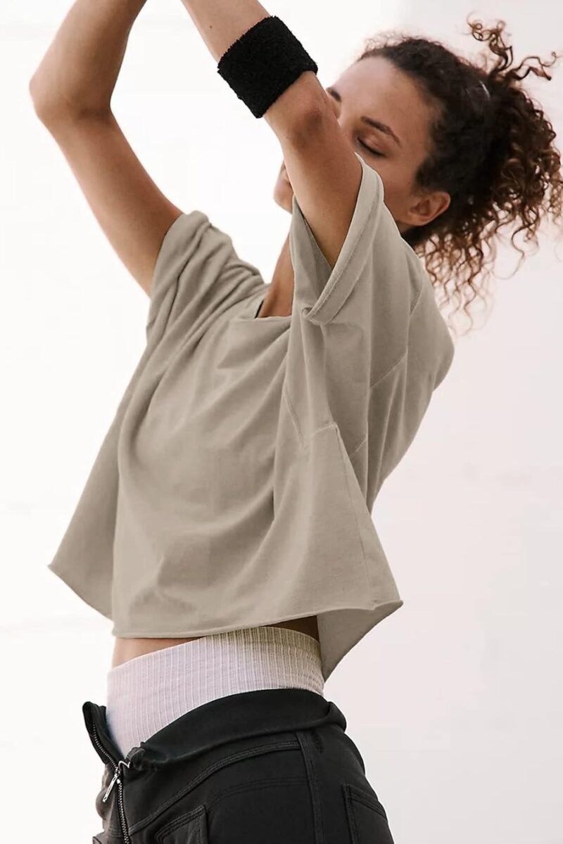 Women's Oversize Workout Crop Tops Casual Short Sleeve Drop Shoulder Boxy T-Shirts Roll Hem Basic Loose Yoga Running Tees - Image 3