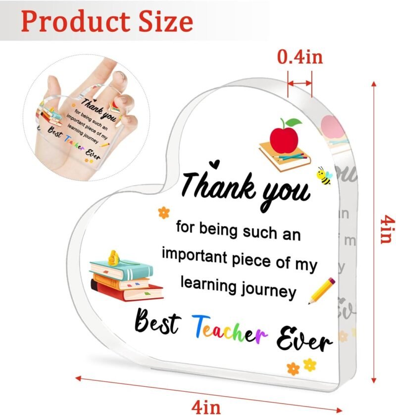 Teacher Appreciation Gifts 2025 - Heart Shaped Acrylic Plaque 4x4 Inch, End of Year Thank You Gift from Students, Graduation Teacher Gifts Ideas, Thankful Quotes Keepsake, Paperweight, Retirement - Image 6