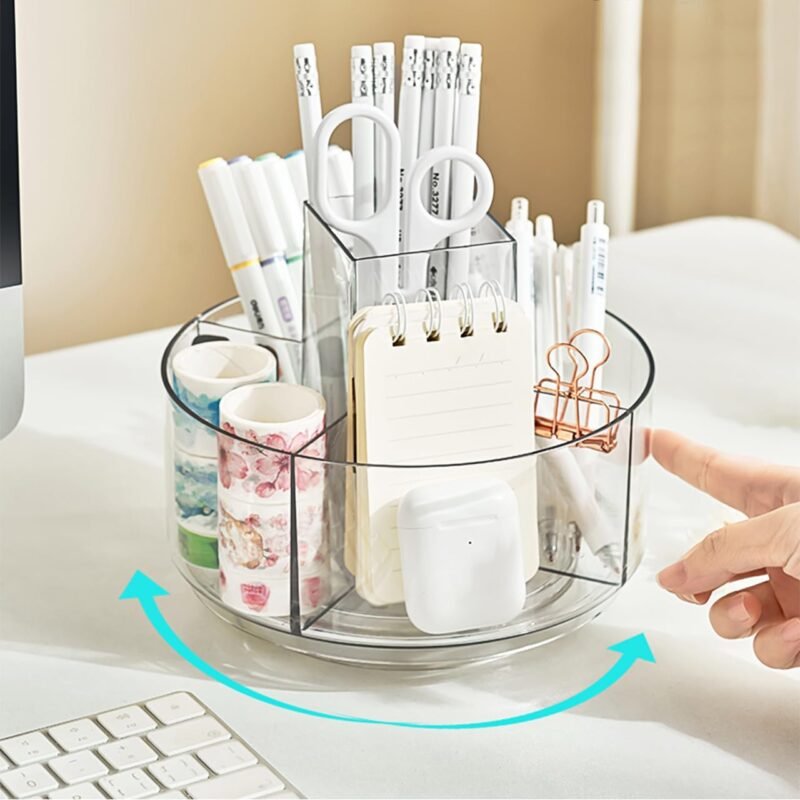 JIKIOU Acrylic Pen Holder, 360-Degree Rotating Pen Holder for Desk, Clear Desk Organizers and Accessories with 5 Compartments Pencil Organizer, Art Supply Storage Box Caddy for Office, Home - Image 7