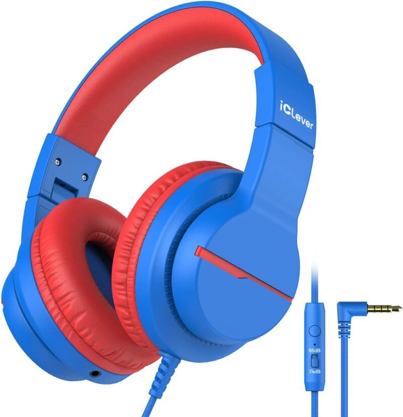 iClever Kids Headphones for School Travel, Safe Volume Limited, HD Mic Stereo Sound Over-Ear Girls Boys Headphones for Kid, FunShare Foldable 3.5mm Wired for iPad Computer, HS19