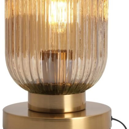 Bedside Table Lamp Dimmable Mid Century Modern Lamp Glass Table Lamps Globe Gold Desk Lamp Nightstand Light with Amber Pumpkin Design Ribbed Glass Shade for Bedroom Living Room Office