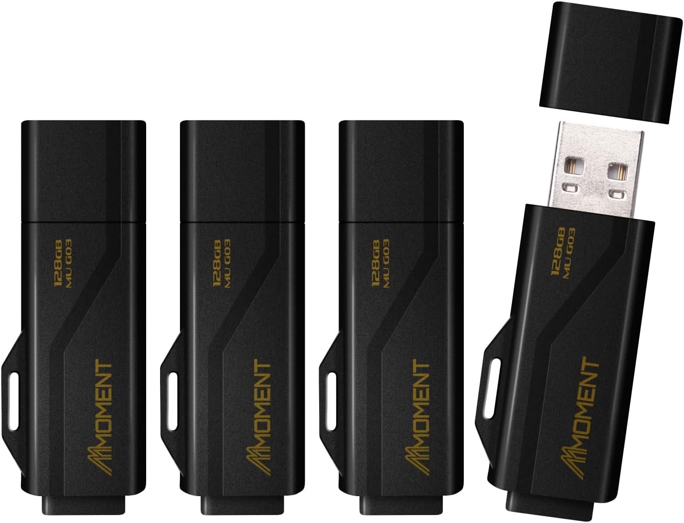 Moment 128GB (4 Pack) MU G03 USB Flash Drive 4-Pack – USB 3.2 Memory Stick with Protective Cap and Keychain Loop, Up to 100MB/s Read, 30MB/s Write – Plug & Play USB Drive for PC, Mac, TV, Car