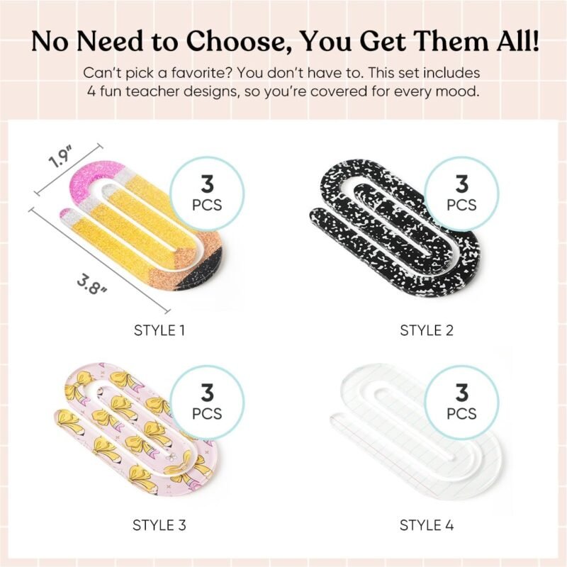 12 Pcs Jumbo Teacher Acrylic Paper Clips Teacher Appreciation Gift Cute Penci Paperclip Design for Office Classroom Bookmark Gift Book Lovers, Back to School Supplies - Image 2