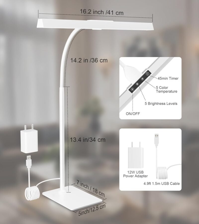 LED Desk Lamp for Home Office with Base, Eye-Caring Architect Task Light with Adjustable Gooseneck 12W USB Adapter Touch Control 5 Dimmable Brightness & Color Tall Lamp for Work,Reading,Craft - Image 9