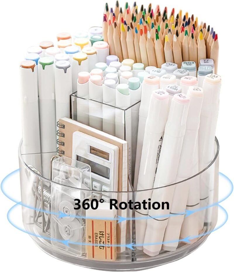 JIKIOU Acrylic Pen Holder, 360-Degree Rotating Pen Holder for Desk, Clear Desk Organizers and Accessories with 5 Compartments Pencil Organizer, Art Supply Storage Box Caddy for Office, Home - Image 8