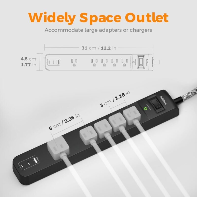 2 Pack Power Strip Surge Protector - 5 Widely Spaced Outlets 3 USB Charging Ports, 1875W/15A with 6Ft Braided Extension Cord, Flat Plug, Overload Surge Protection, Wall Mount for Home Office - Image 3