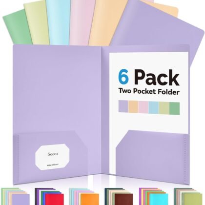 Sooez 6Pack Folders with Pockets, Pastel Colors, Heavy Duty Pocket Folders, Plastic Folders with Pockets, 2 Pocket Folders Bulk, Aesthetic File Folders, Back to School Office Filing Supplies
