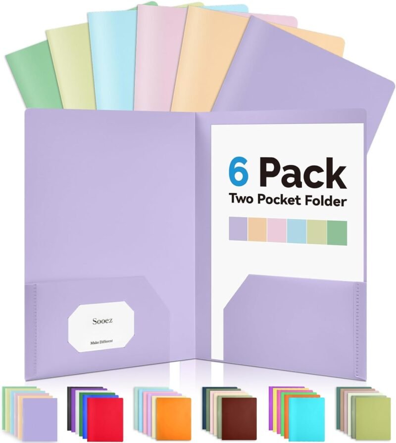 Sooez 6Pack Folders with Pockets, Pastel Colors, Heavy Duty Pocket Folders, Plastic Folders with Pockets, 2 Pocket Folders Bulk, Aesthetic File Folders, Back to School Office Filing Supplies