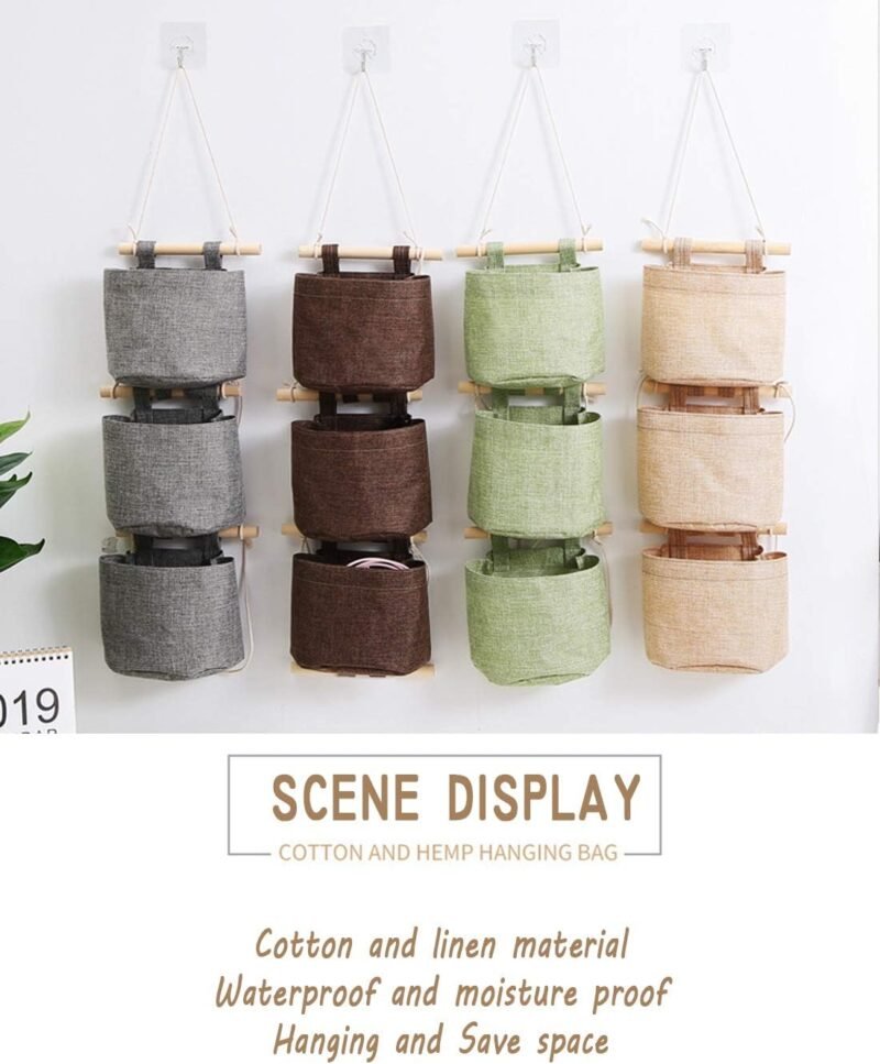 AARAINBOW 1 Pack Mini Cotton Linen Fabric Closet Detachable Foldable Washable Hanging Storage Bag with 3 Pockets Over The Wall Door Small Organizer for Room Bathroom (Gray) - Image 6