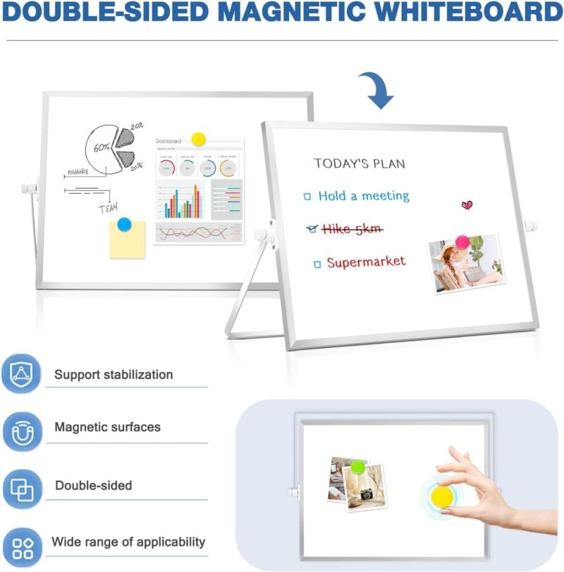 DOLLAR BOSS Small White Board with Stand Double-Sided 16" x 12" Magnetic Desktop Dry Erase Board Portable Whiteboard Easel for Desk Home Office School 8 Markers 8 Magnets 1 Eraser, Silver - Image 4