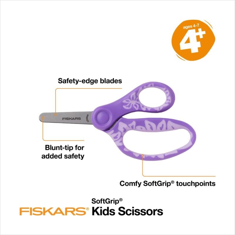 Fiskars 5" SoftGrip Blunt-Tip Scissors for Kids Ages 4-7 (3-Pack), Scissors for School or Crafting, Back to School Supplies, Blue, Purple, and Pink Designs - Image 2