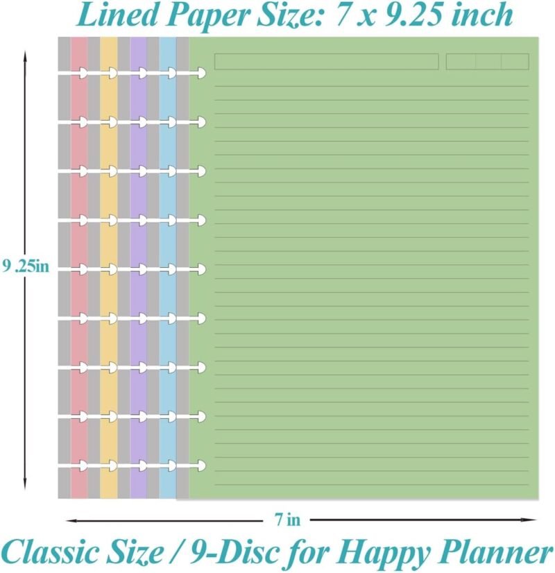 9-Disc Discbound 5 Colorful Line Paper Pre-punched Happy Planners Inserts, 100Sheets/200Pages Classic Size Line Loose-Leaf Paper, Per Color 20 Sheets, 7" x 9.25" - Image 3