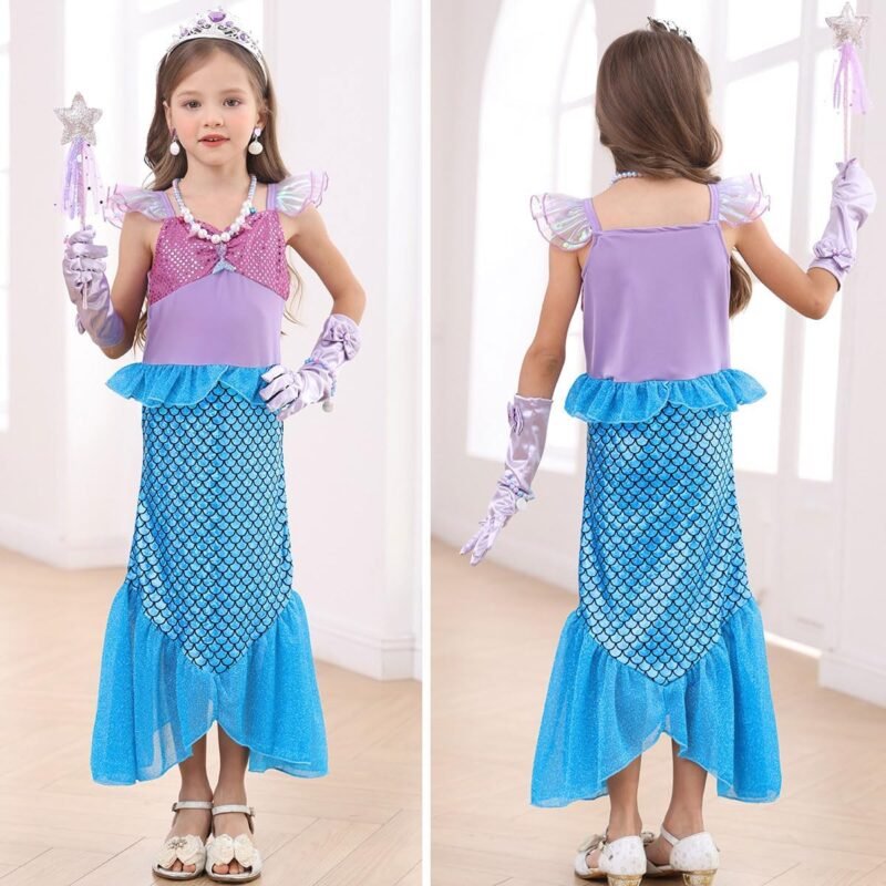 Little Girls Mermaid Costume Princess Dress Up Ariel Outfits with Accessories Wig Birthday Party Halloween Cosplay - Image 3