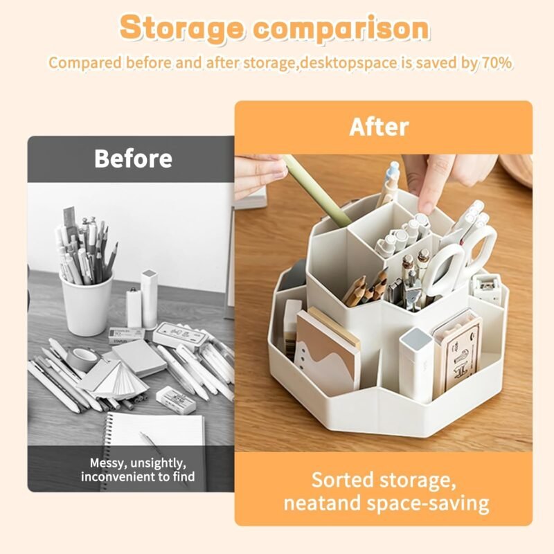 Pencil Pen Holder for Desk,9 Slots 360 Degree Rotating Desk Organizers,Desktop Storage Stationery Supplies Organizer, Cute Pencil Cup Pot For Office, School, Home(White) - Image 2
