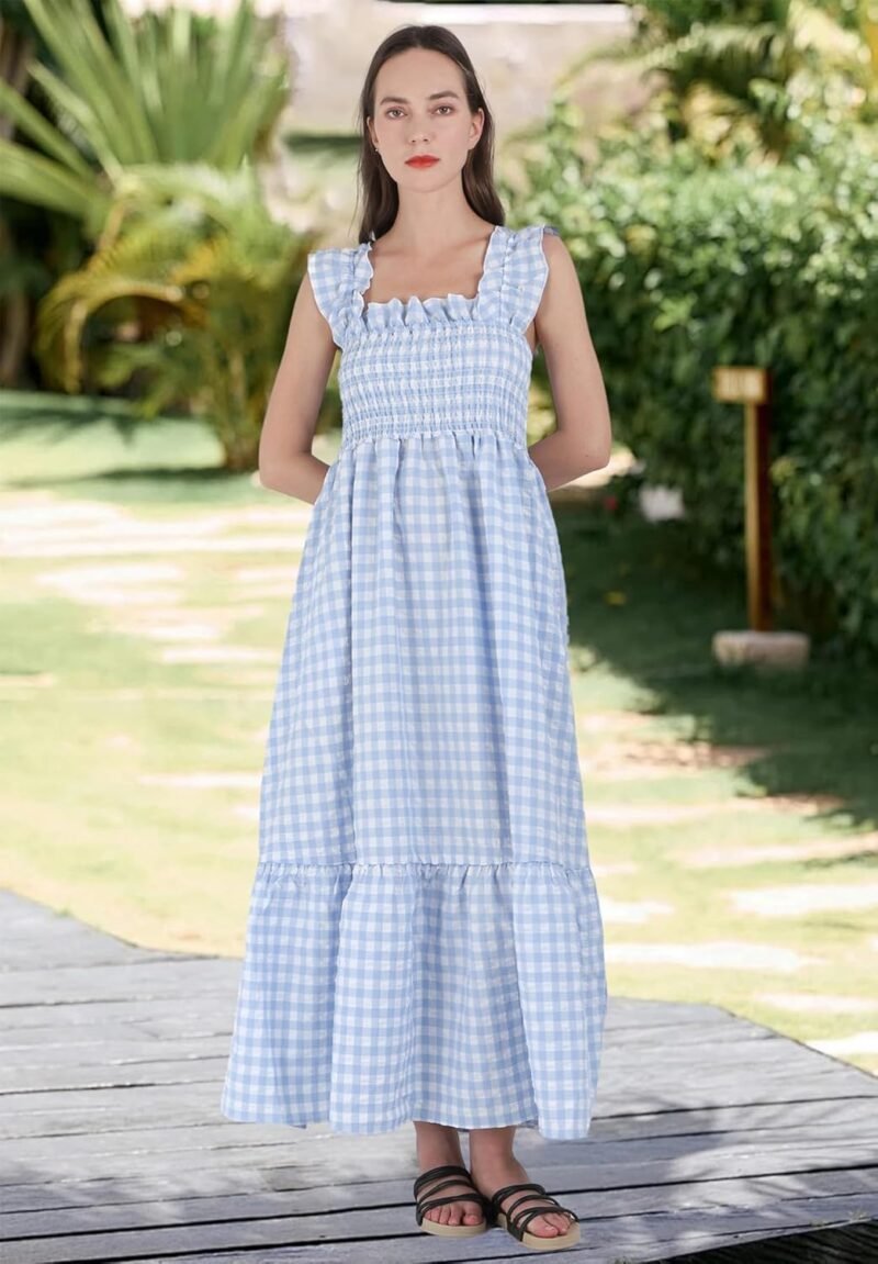 chouyatou Women's Retro Plaid Smocked Dress Spaghetti Strap Flounce Long Dress - Image 2