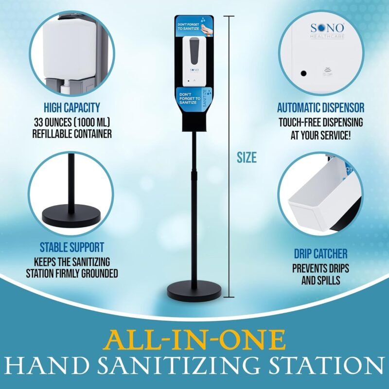 Automatic Hand Sanitizer Dispenser with Stand - Touchless Sanitizer Station for High-Traffic Areas, Malls, Schools, & Offices, Refillable - Image 2