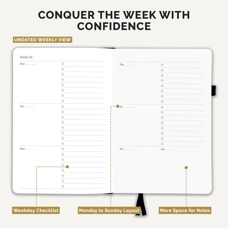 Decorably 12 Months Gold Foiled Undated Monthly and Weekly Academic Planner College with Stickers, 6x8.6in Waterproof Leatherette Hardcover Academic Planner for College Students, High School, Home - Image 4