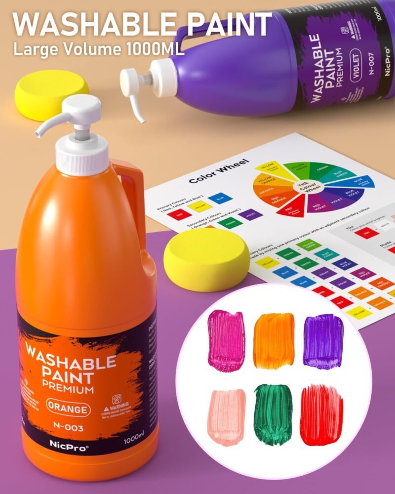 Nicpro 14 Colors Large Washable Paint Set (33.8 oz, 1000ml), Acrylic Bulk Paint Supplies Non Toxic Children Tempera Paint for Art, Craft DIY, Poster & Finger Paint, School, Home,Classroom - Image 2
