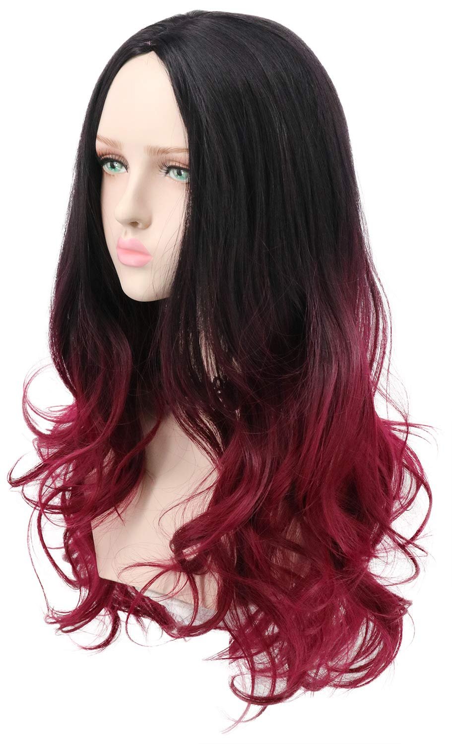 yuehong Long Wavy Two Tone Ombre Black Dark Red Women Wig Anime Cosplay Costume Wigs - Image 3
