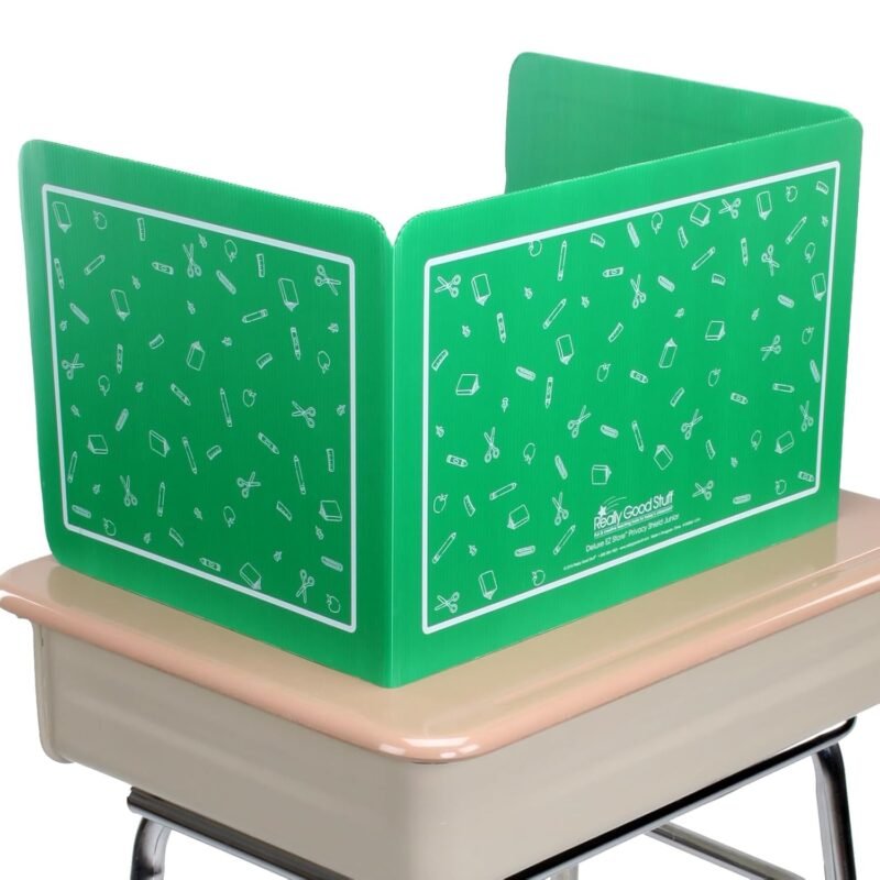 Really Good Stuff Plastic Privacy Shields for Student Desks – Set of 6 - Standard - Study Carrel Reduces Distractions - Keep Eyes from Wandering During Tests, Green with School Supplies Pattern - Image 3