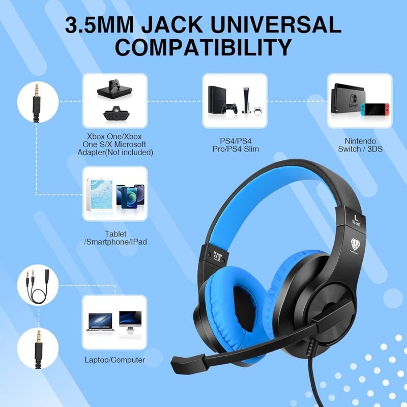 Kids Headphones for Online School, Children, Teens, Boys, Girls, 3.5mm Stereo Over-Ear Gaming Headphone with Microphone and Volume Control for PS4, PS5, New Xbox One（Blue） - Image 5