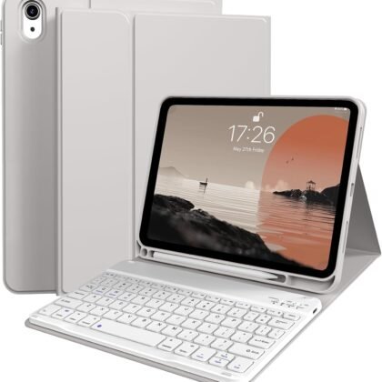 kenke for iPad 11/10th Gen Case with Keyboard 11/10.9 inch 2025 A16/2022, Detachable Wireless Bluetooth Keyboard Case Thin & Light with Built-in Left Side Pencil Holder, White Square Keycaps (Gray)