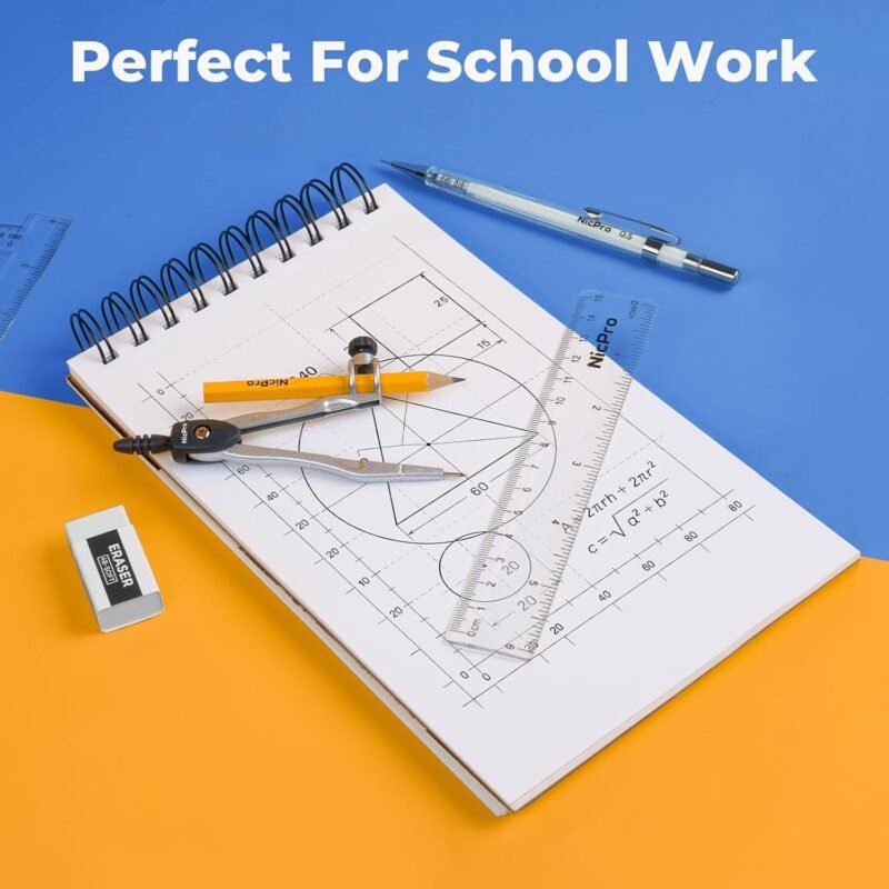Nicpro 22 PCS Compass Geometry Tools with Case, Drafting Tools Geometry Set with Swing Arm Protractor, Rulers, Metal Compass, Divider, Square Set, Pencil, Drawing Supplies for Kids Student School Math - Image 6