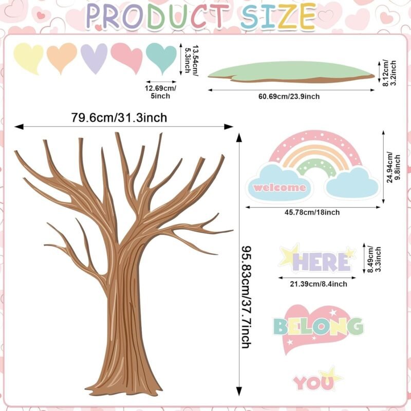 Pastel Tree Bulletin Board Classroom Decoration Welcome Back to School Bulletin Board Sets You Belong Here Heart Rainbow Cutouts for Summer Teacher School Nursery Home Classroom Chalkboard Wall Decor - Image 2