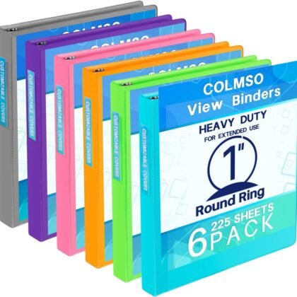 3 Ring Binders，1 Inch Binder, Round Ring Customizable Clearview Binder, for School, Home, Office, Pink, Blue, Green, Purple, Gray, Orange, 6Pack