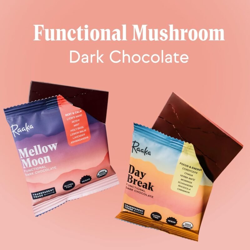 Raaka Functional Mushroom Chocolate | Day Break - Focus & Energy | 63% Cacao Dark Chocolate, Yerba Mate, Cordyceps Mushrooms, Chaga | Vegan, Organic, Gluten-Free | 10 Adaptogen Chocolate Bars - Image 3