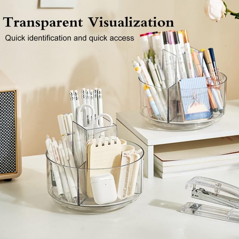 JIKIOU Acrylic Pen Holder, 360-Degree Rotating Pen Holder for Desk, Clear Desk Organizers and Accessories with 5 Compartments Pencil Organizer, Art Supply Storage Box Caddy for Office, Home - Image 6