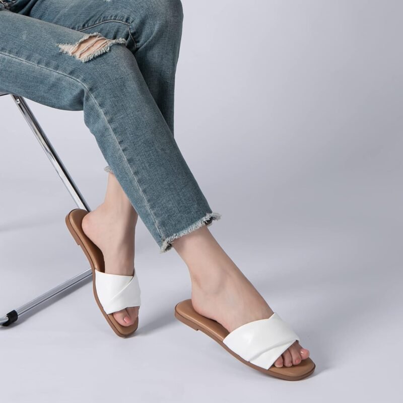 Athlefit Women's Summer Flat Sandals Slip On Square Toe Soft Leather Slide Sandals - Image 5
