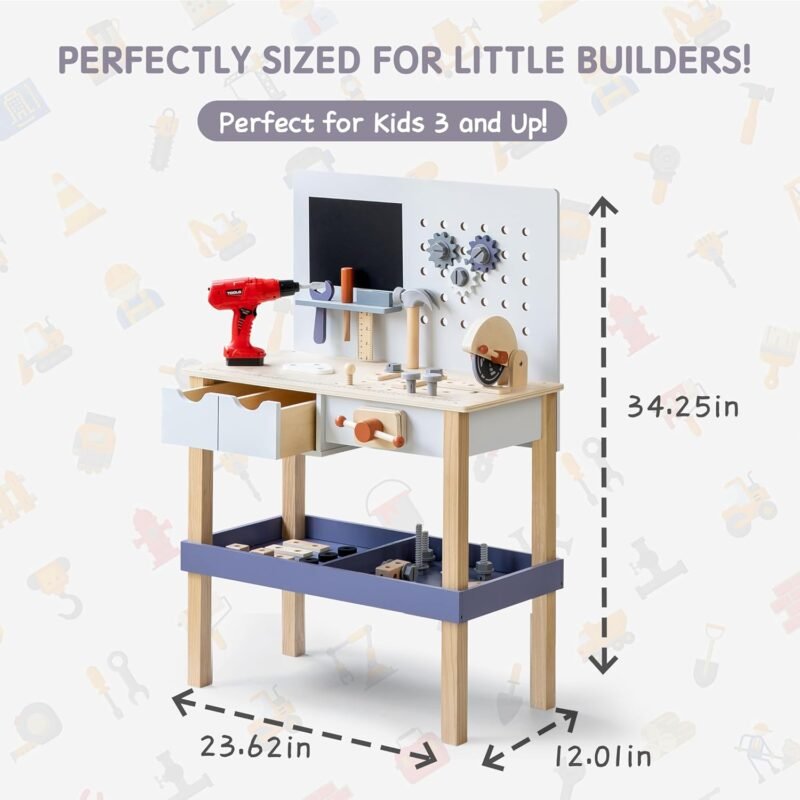 Wooden Kids Tool Bench with Electric Drill, Toddler Tool Bench with Storage Drawers and Platform, Toy Workbench Workshop with Play Tools Set for Boys and Girls, Perfect for Ages 3+ - Image 5
