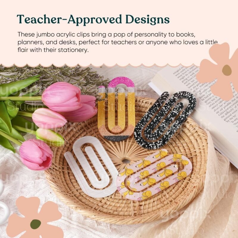 12 Pcs Jumbo Teacher Acrylic Paper Clips Teacher Appreciation Gift Cute Penci Paperclip Design for Office Classroom Bookmark Gift Book Lovers, Back to School Supplies - Image 3