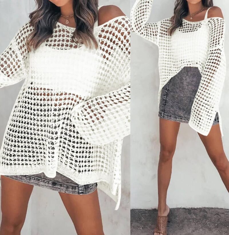 ZESICA Women's 2025 Summer Crochet Hollow Out Long Sleeve Beach Bikini Swimsuit Mesh Cover Up Tunic Top - Image 6