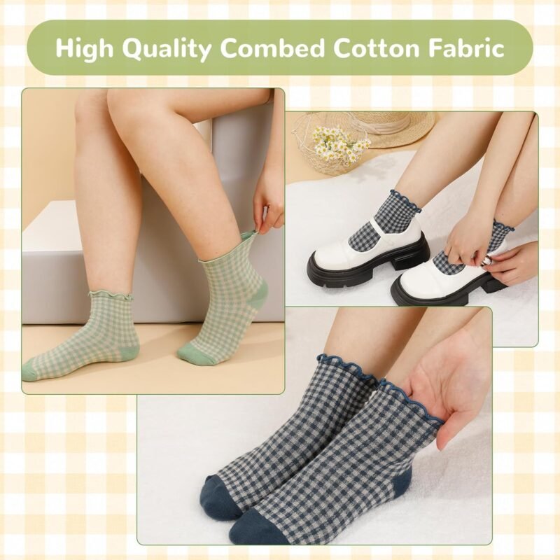 6 Pairs Women Ruffle Socks Striped Frilly Socks, Women Cute Socks Checkered Socks Ankle Socks for Women Cotton Knit Casual Crew Socks Size 5-9, Medium - Image 6