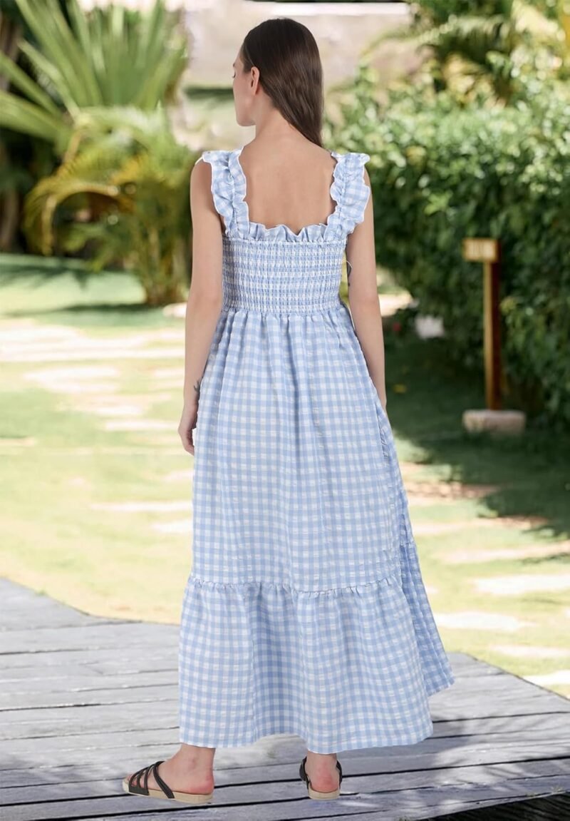chouyatou Women's Retro Plaid Smocked Dress Spaghetti Strap Flounce Long Dress - Image 5