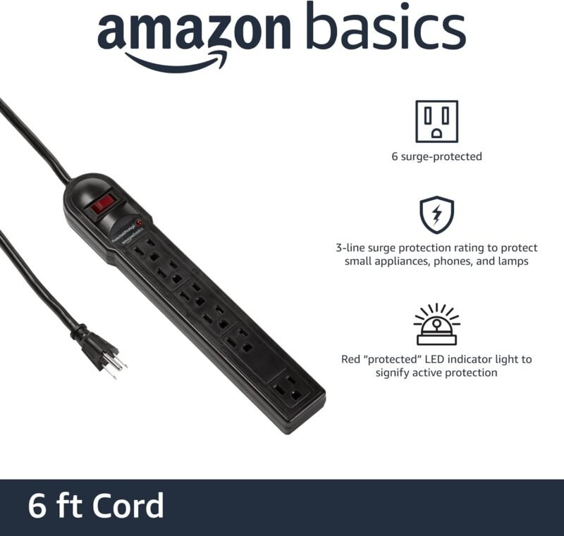 Amazon Basics Surge Protector Power Strip, 6-Outlet, 790 Joules, LED Indicator, 6ft Extension Cord, Black - Image 2