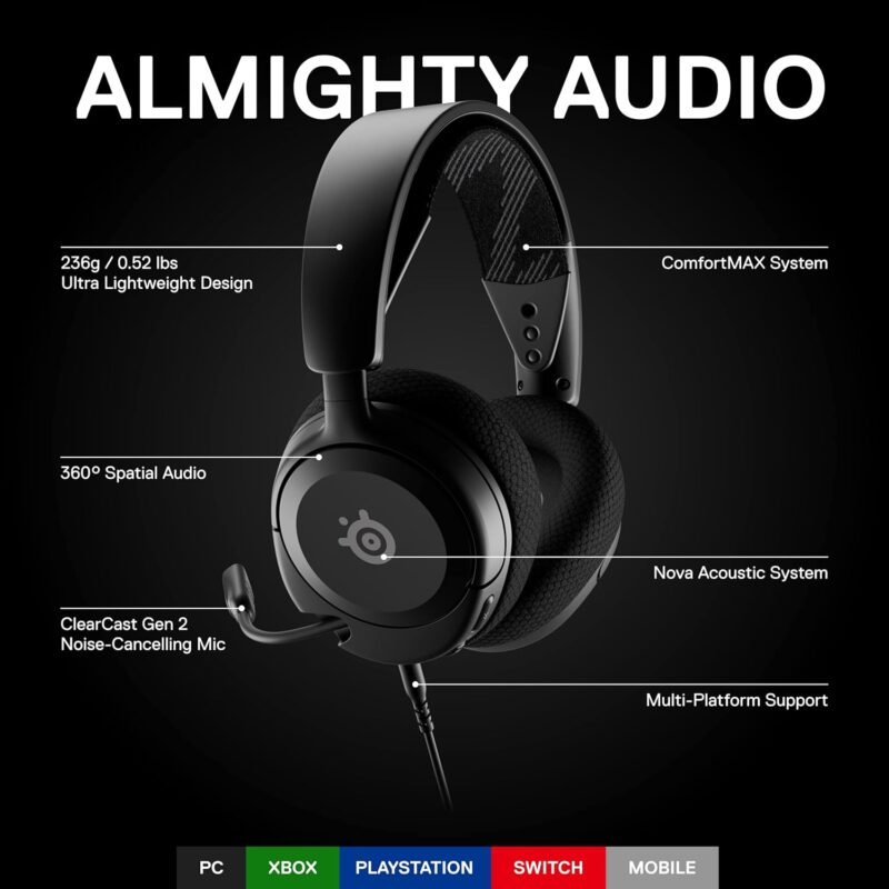 SteelSeries Arctis Nova 1 Multi-System Gaming Headset — Hi-Fi Drivers — 360° Spatial Audio — Comfort Design — Durable — Ultra Lightweight — Noise-Cancelling Mic — PC, PS5/PS4, Switch, Xbox - Black - Image 2
