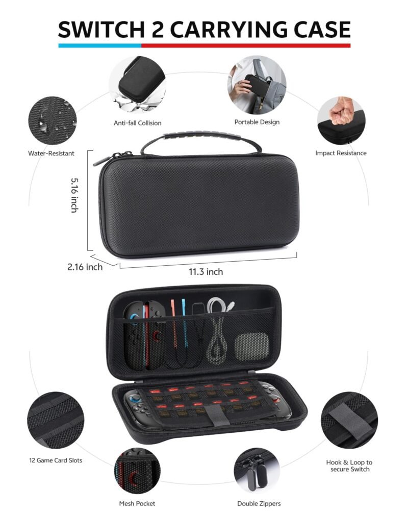 Switch 2 Accessories Bundle for Nintendo, 16 in 1 Game Kit: Carrying Case, Two Screen Protector with Alignment Frame, Steering Wheel for Mario Kart, Grip for joycon Controller Console Protective Cover - Image 2