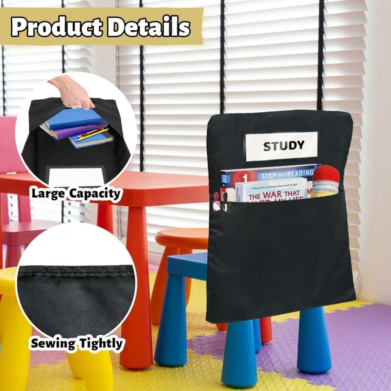 24 Pack Chair Pockets for Classrooms, 16 x 19 inch Pocket Chart Back of Chair Organizer for Kids with Name Slot, Seat Sacks for Classroom Chairs Seat Storage (Black, 24Pack) - Image 5