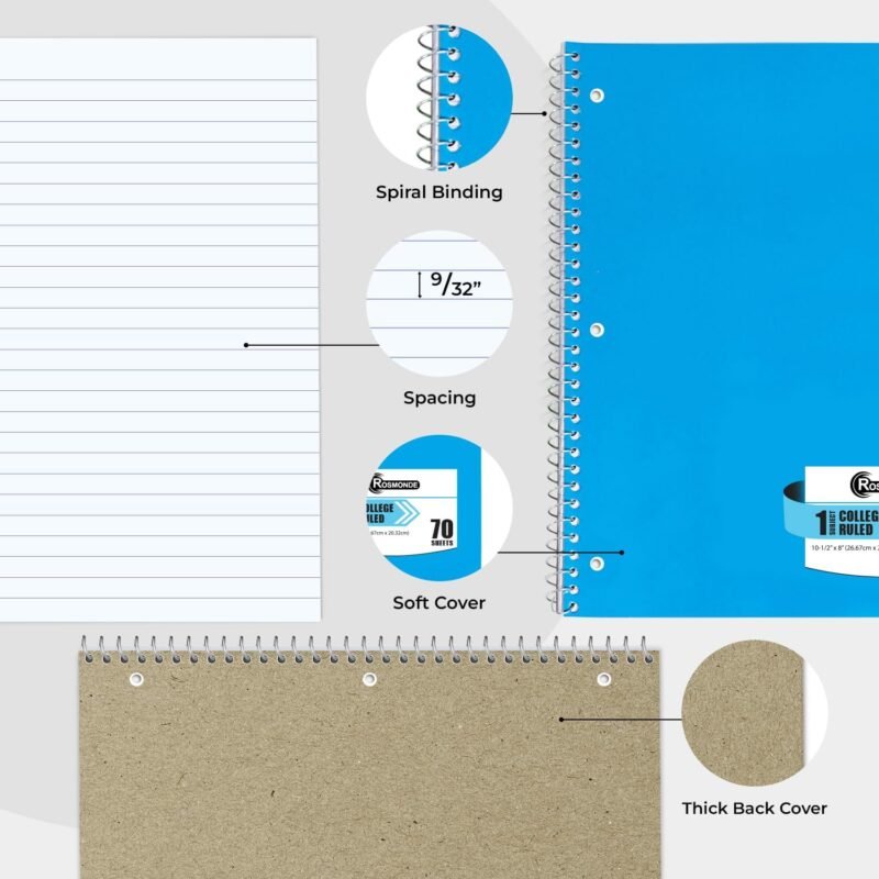 Spiral Notebook, 12 Pack, 1 Subject, College Ruled, 70 Sheets, 8 x 10-1/2", 3 Hole Punched, Bulk College Ruled Spiral Notebook for School, Single Subject Spiral Notebook Bulk, Assorted Colors - Image 5