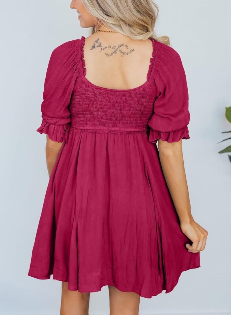 Dokotoo Womens Summer Dresses 2025 Short Sleeve Square Neck Smocked Elastic Waist Ruffle Tiered Casual Swing Mini Dress - Image 2
