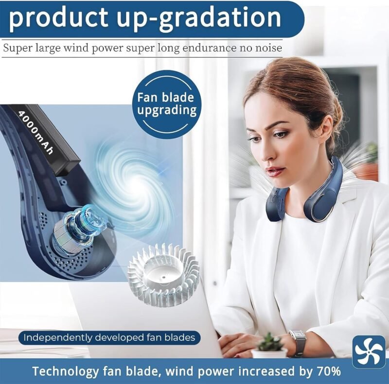 Neck Fan, USB Rechargeable Personal Fan, 4000 mAh Battery Operated, 3 Speeds Adjustable, Faster Cooling, Ultra Quiet, Suitable for Home, Office, Travel, Sports - Image 2