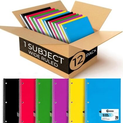 Spiral Notebooks, 12 Pack, 1 Subject Notebook, Wide Ruled, 70 Sheets, 8 x 10-1/2", 3 Hole Punched, School Supplies, Bulk Single Subject Spiral Notebook Bulk, Assorted Colors Pack of Notebooks