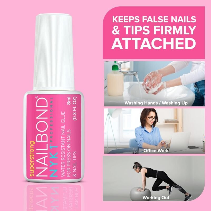 Super Strong Nail Glue for Press On Nails, Nail Tips & Acrylic Nails (8ml) NYK1 NailBond Brush On Glue for Press Ons, Tips & Acrylics - Long Lasting, Maximum Strength, Mess-Free Application - Image 9